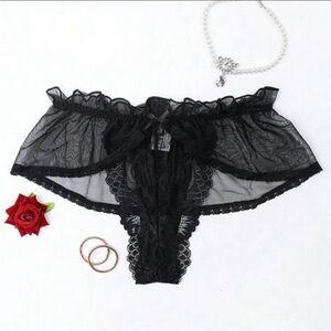 Sheer Black Lace Ruffle Thong Panty - Women Intimates